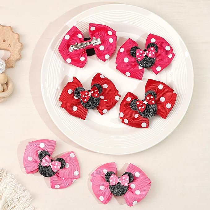 Ayesha Mouse Ears Hair Clips, 3 Inch Grosgrain Ribbon Mouse Bow Hair Clips for Girls, Hair Accessories for Baby Girls, Toddler Kids, Costume Birthday Party