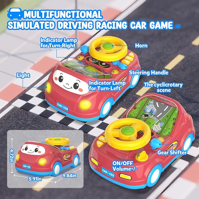Toys for 1 Year Old Boy Gifts - 2-in-1 Toddler Push Car & Musical Racing Adventure Steering Wheel Driving Game, Interactive Simulated Driving Car for Baby 12-18 Months,Birthday Gift Ages 1-2,Light Red