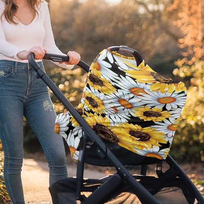 LedBack Daisy Sunflower Stretchy Car Seat Cover for Babies,Nursing Cover Breastfeeding Cover,Soft Breathable Baby Carseat Canopy