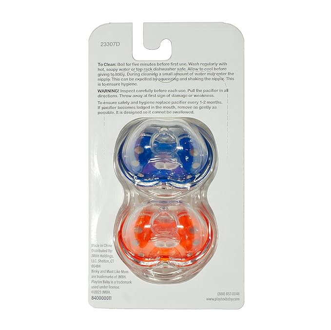 Playtex Baby Binky Orthodontic Pacifier with Snap-On Cover, Air Comfort Shield, Medical Grade Silicone, Up to 6 Months, Blue & Orange (2 Count)