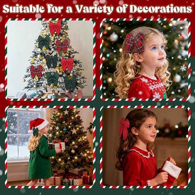 Large Christmas Hair Bows, 4 Pcs Red Green Plaid Fable Hair Bows Cotton Christmas Hair Accessories for Girls Toddler Kids