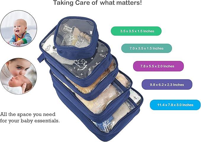 5 Piece Diaper Bag Organizer Pouch Set, Clear with Straps and Pacifier Case - Navy