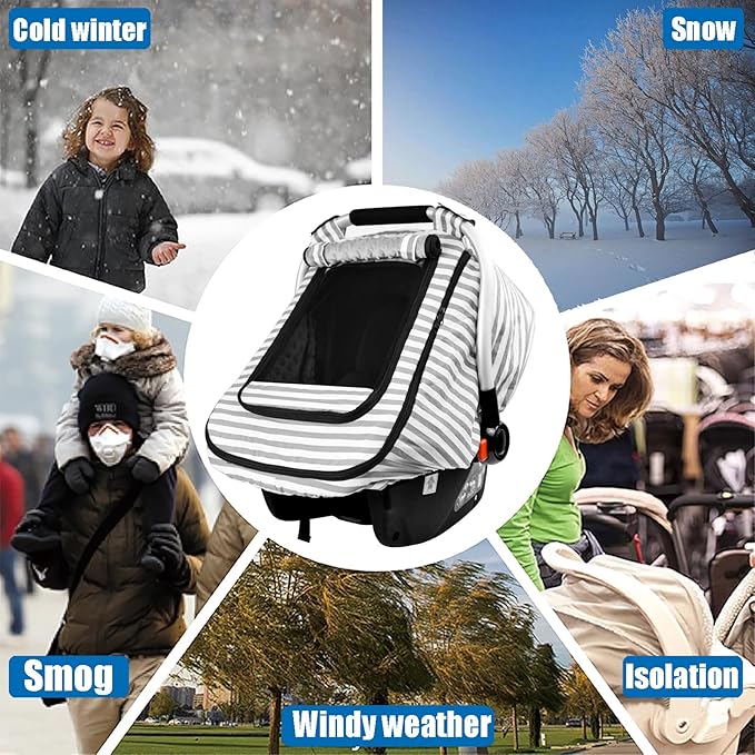 Car Seat Covers for Babies,Baby Car Seat Cover for Boys Girls,Windproof Infant Carseat Cover,Kick-Proof Car Seat Canopy with Breathable Mesh Peep Window,Stripe Print