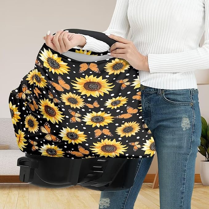 Sunflower Butterfly All-in-1 Baby Car Canopy Cover for Breastfeeding, Universal Fit for Baby Car Seat, Carrier, Stroller, High Chair, Shopping Cart, Lounger Canopy