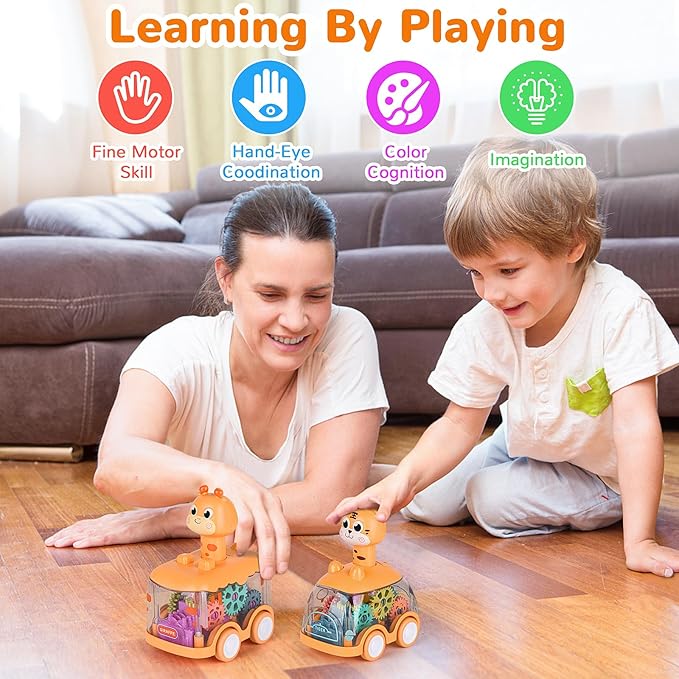 ShinySong Baby Toy Cars Press and Go Car for Toddlers, Light Up Toys Birthday Gifts for Kids Boys Girls, Giraffe & Tiger
