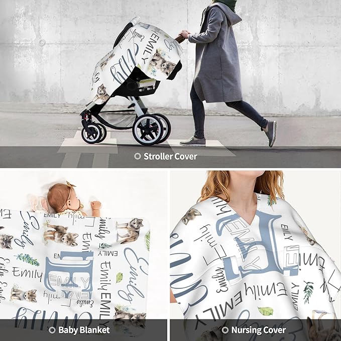Personalized Baby Car Seat Cover Custom Name CarSeat Canopy Customized Wolf Newborn Nursing Breastfeeding Cover Minky Baby Blanket Infant Car Seat Canopies for Baby Girls Boys