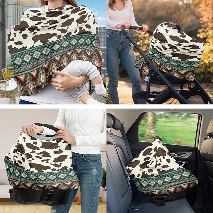 Cow Print Carseat Canopy Set Aztec Breathable Breastfeeding Covers Multi-use Breastfeeding Pillow Cover Newborn Registry & Shower Gift for Baby
