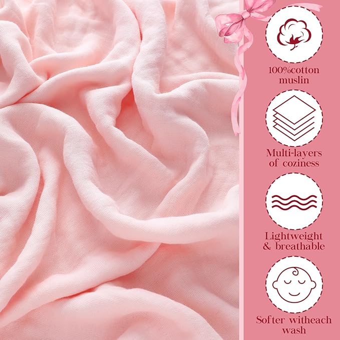 Hahafelt 2 Pcs Pink Bow Baby Hooded Towels for Newborn 100% Muslin Cotton Baby Bath Towel with Hood for Babies Infant Toddler and Kids Large 32x32inch Soft Absorbent Kids Essential Gift