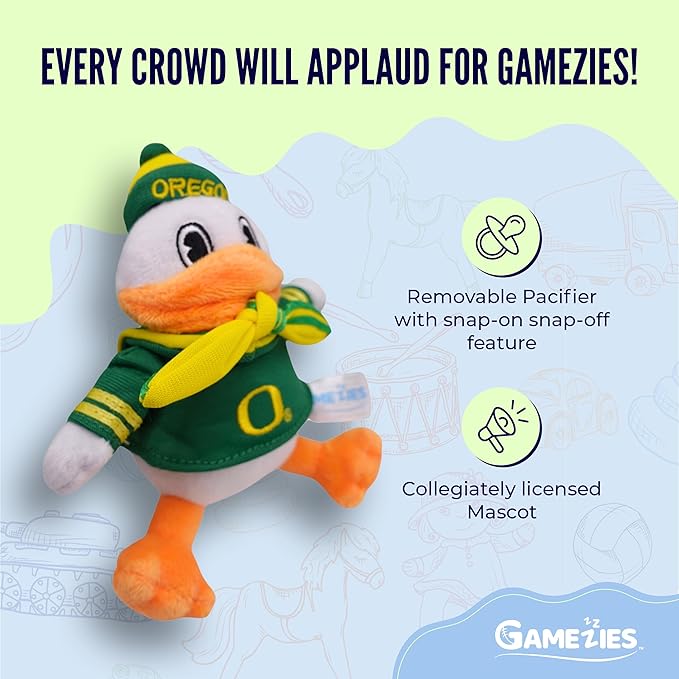 Gamezies Baby Boy and Girl Silicone Pacifier with College Mascot Removable, Washable Plush Toy CPSIA Tested, BPA-Free 0-6 Months (Oregon Duck)