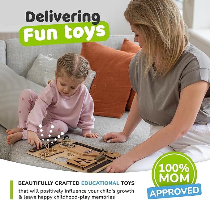 deMoca Sensory Busy Board for Toddlers, Premium Wooden Toddler Busy Board for 1 2 3 Year Old with 10 Educational Activities for Fine Motor Skills, Fidget Activity Toy for Travel
