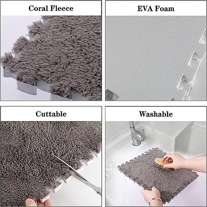 12pcs Plush Puzzle Foam Floor Mat, Soft Thicken Fluffy Interlocking Square Foam Tiles Area Rugs Carpet for Parlor Bedroom Decoration(11.8x11.8x0.4in, Grey)