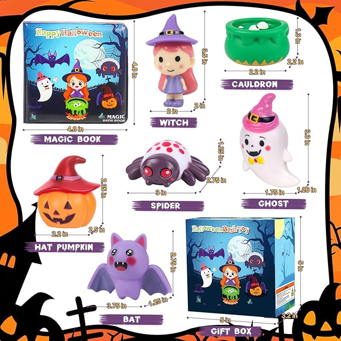 Halloween Light Up Bath Toys for Toddlers Kids, 7PCS No Hole Bath Toys with Magic Book, Witch,Cauldron,Bat, Ghost, Pumpkin, Spider, Halloween Party Favors Treat Bags Gift for Boys Girls Ages 3+