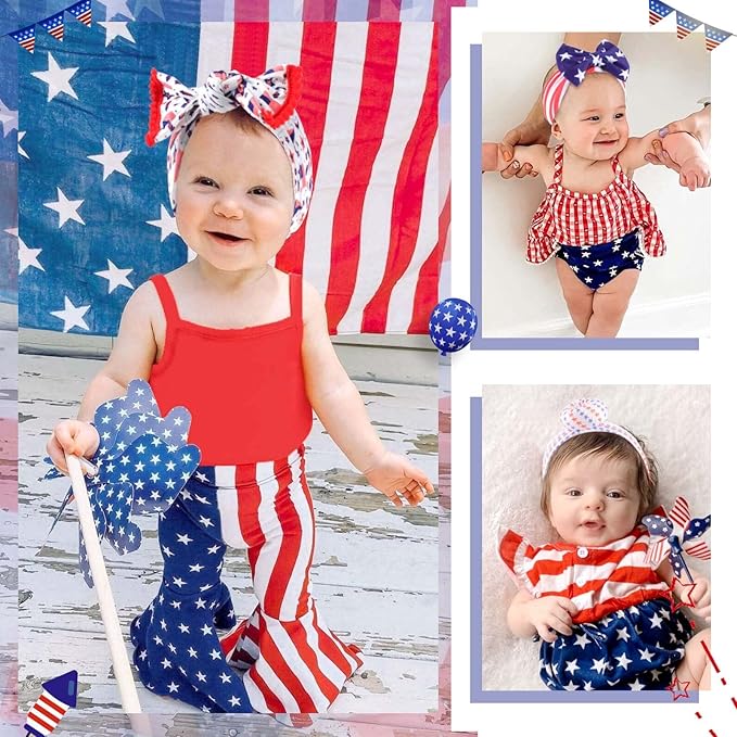 VOBOBE 4th of July America Flag Baby Headbands Cheer Bow, Baby Girls Red White Blue Star Spangled Patriotic Hair Bow for Newborns Toddlers Small Children,3 Pcs (Style B)