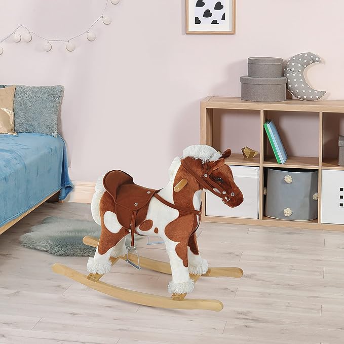 Qaba Wooden Toddler Rocking Horse, Kids Plush Ride on Horse Toy Animal Rocker with Nursery Rhyme Music Brown