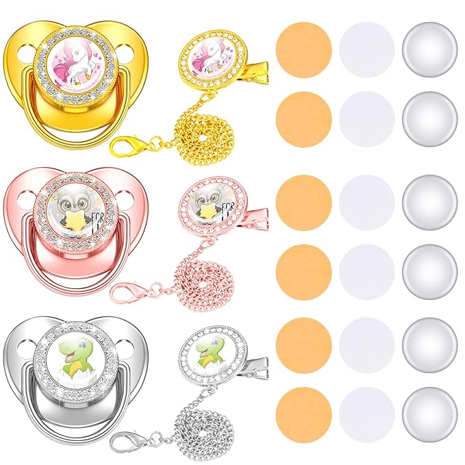 3 Pieces Sublimation Pacifier Set Name Custom Baby Bling Pacifier Clip Glitter Personalized Artificial Crystal Decoration for Girl Boys Baby with Blanks