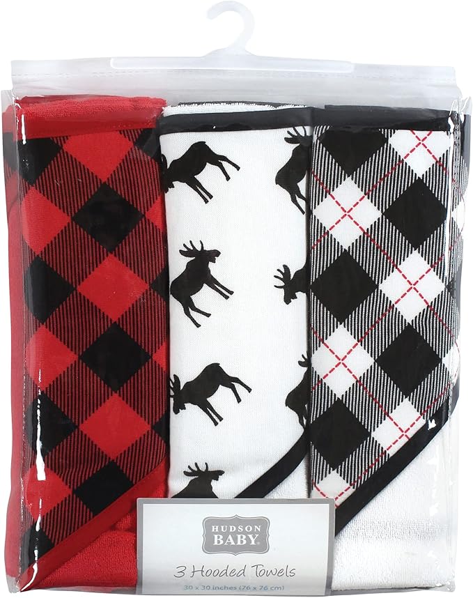 Hudson Baby Unisex Baby Cotton Rich Hooded Towels, Black Moose, One Size