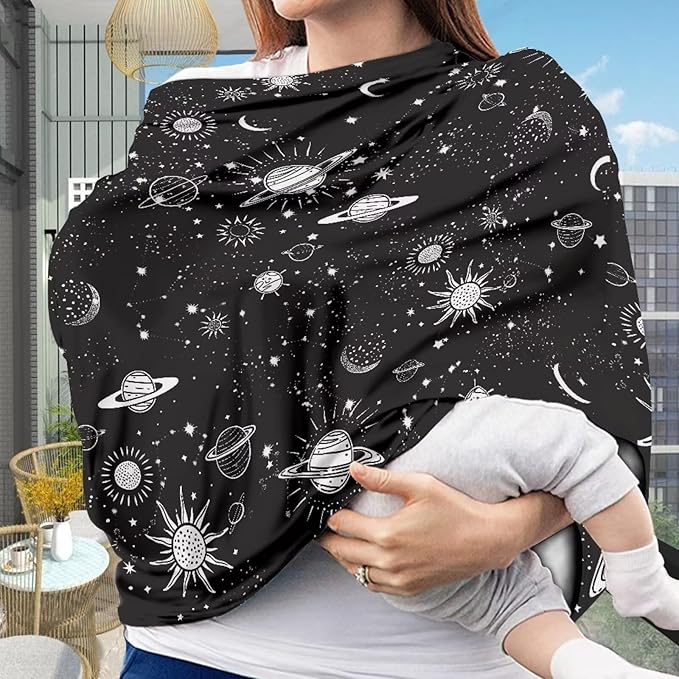 Biyejit Galaxy Planets Multi-use Baby Car Seat Cover, Breathable Nursing Cover, High Stretchy Infant Carseat Canopy, Stroller Cover, Car Seat Covers for Baies, Boys & Girls