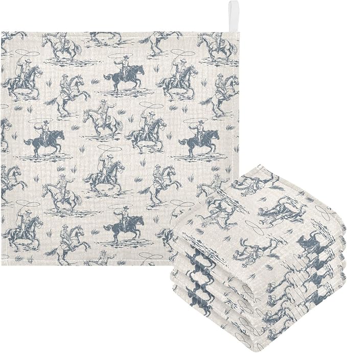 Western Cowboy Baby Washcloths Newborn Muslin Burp Cloths 3 Pack Soft Cotton Baby Face Bath Towel Drool Bibs for Infants, Girls and Boys 11.8 x 11.8 Inch