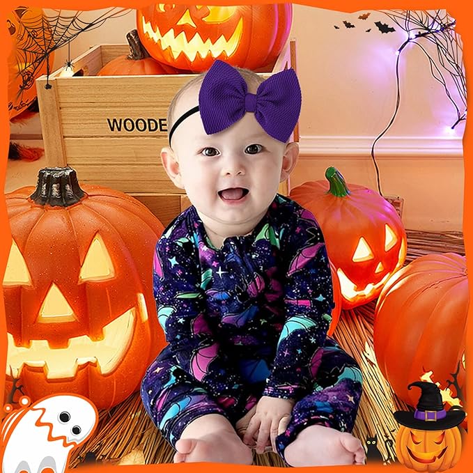 Hairband, 4 Pack Halloween Baby Girl Headbands with Bows for Newborn - Orange, Black, Purple, Green Nylon Hair Accessories, One Size Fits All