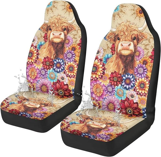 Highland Cow Flower Waterproof Car Seat Cover Universal Front Car Seats Easy to Install Breathable Front Seat Cover Universal for Auto Truck Van SUV 2 Pcs