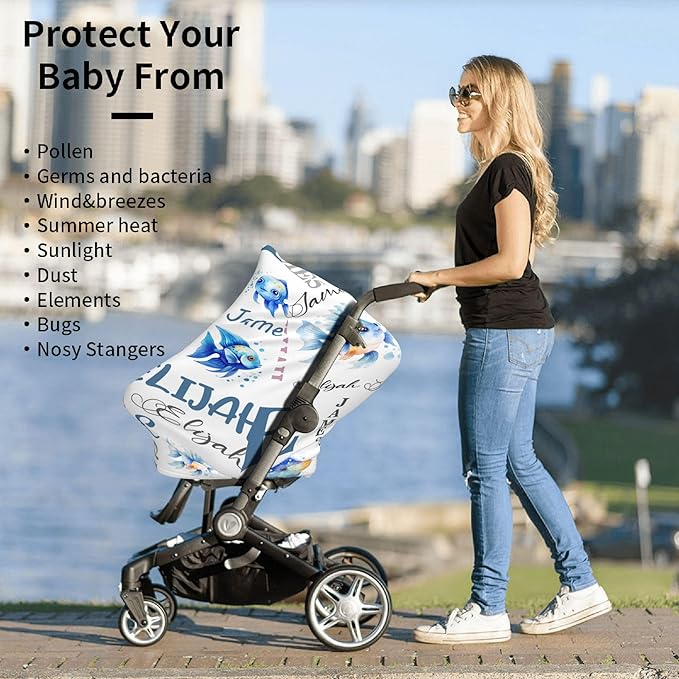 Personalized Baby Car Seat Cover with Name Stroller Canopy Custom Angelfish Carseat Cover Newborn Baby Boy Girl Nursing Cover for Moms First Birthday Gift