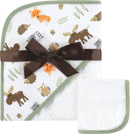 Hudson Baby Unisex Baby Cotton Hooded Towel and Washcloth, Woodland, One Size