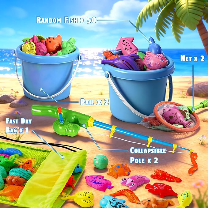 CozyBomB™ Magnetic Fishing Toys Game Set for Kids | Water Table Bathtub Kiddie Pool Party Pole Rod Net, Outdoor Plastic Floating Fish, Toddler Bath Color Ocean Sea Animals Easter Gift Age 3-5 6 4-8