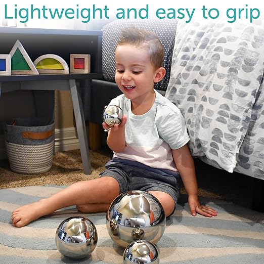 TickiT - 9322 Sensory Reflective Balls - Set of 4 - Mirrored Spheres for Babies and Toddlers - Stainless Steel Sensory Balls for Reflections and Color - For Stylish Nurseries and Bedrooms