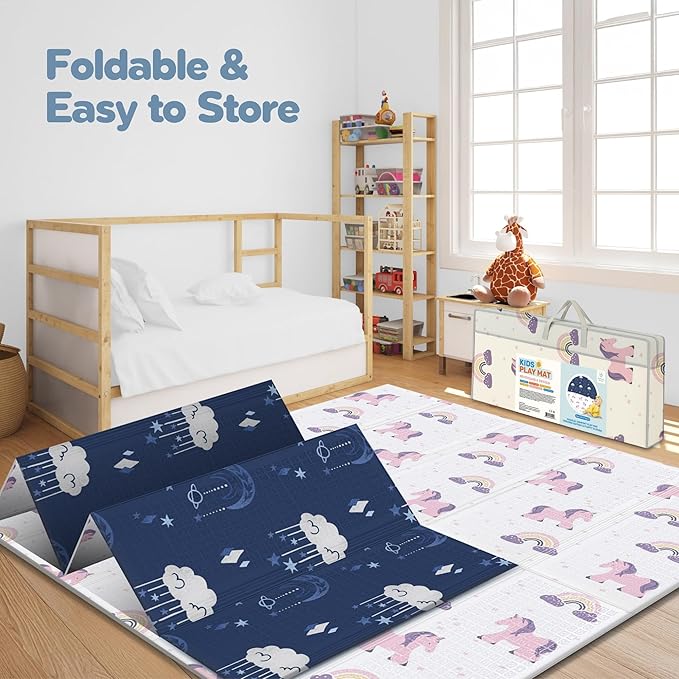 Motherly Haven 79x71 Foldable Baby Play Mat for Floor, Extra Large Reversible Foam Play Mat for Babies 6-12 Months, Waterproof Portable Foam PlayMat for Tummy Time for Toddler - Unicorn and Clouds