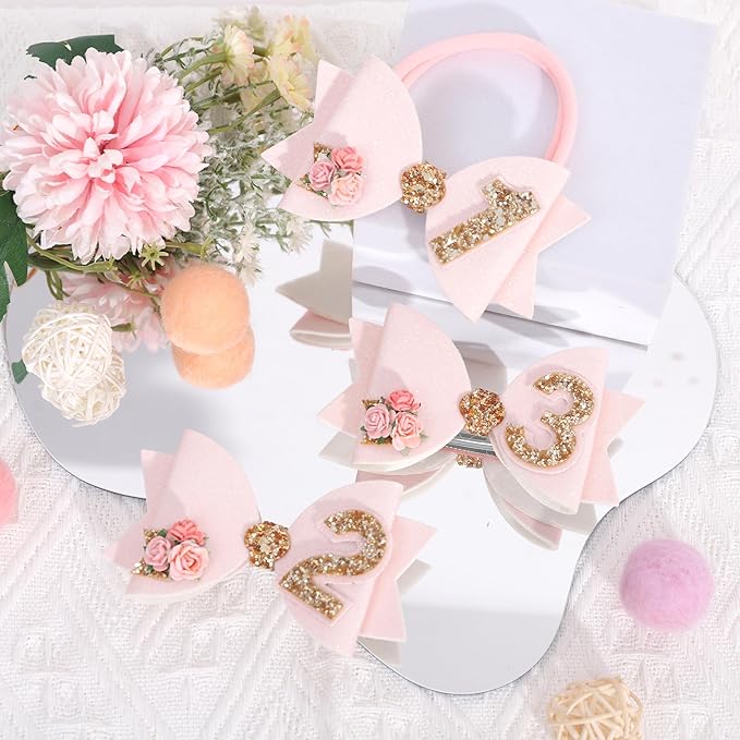 Birthday Girl bow for Baby Girls - 1st Birthday Pink Bow Headdress,Gold Glitter Birthday Bow Headband Flowers,Photo Props