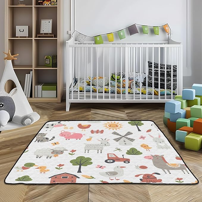 Baby Play Mat Cartoon Farm Animals 50 x 50 Playpen Mats for Floor Play Gym Crawling Mat Non-Slip Cushioned Baby Playmat for Infants, Babies, Toddlers