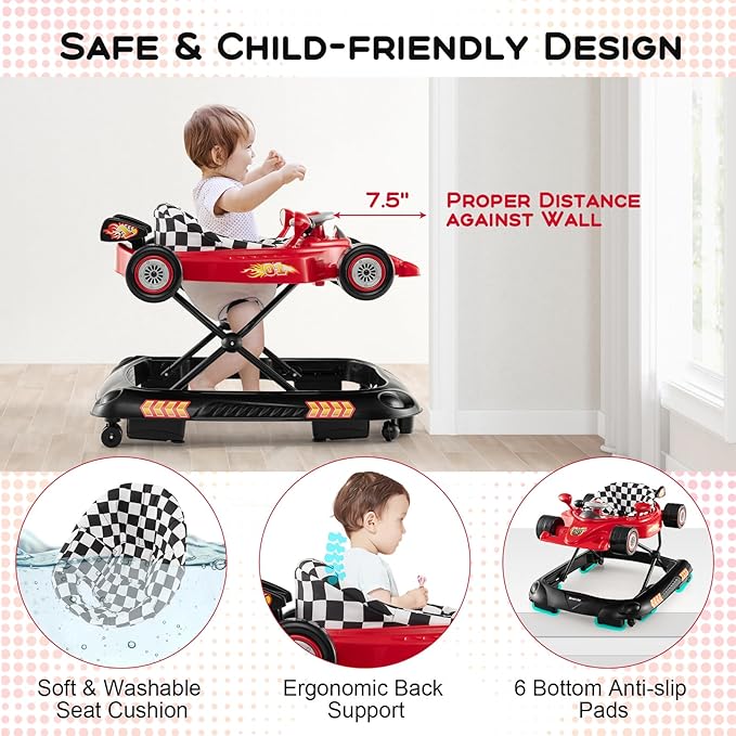 HONEY JOY Baby Walker, 4-in-1 Foldable Infant Activity Push Walker, Toddler Car Walker w/Adjustable Heights, Music, Lights, Removable Tray, Baby Walker with Wheels for Boys Girls 7-14 Months (Red)
