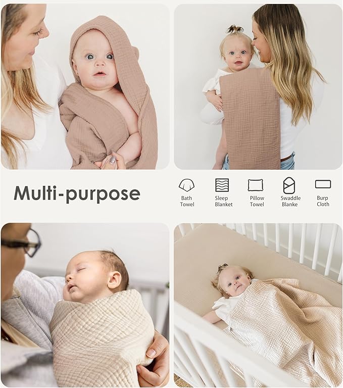 MairMore Muslin Baby Towels with Hood for Newborn 100% Cotton Baby Bath Towels Soft & Absorbent Hooded Baby Towel for Boys and Girls, Large Size - 32 * 32 Inches