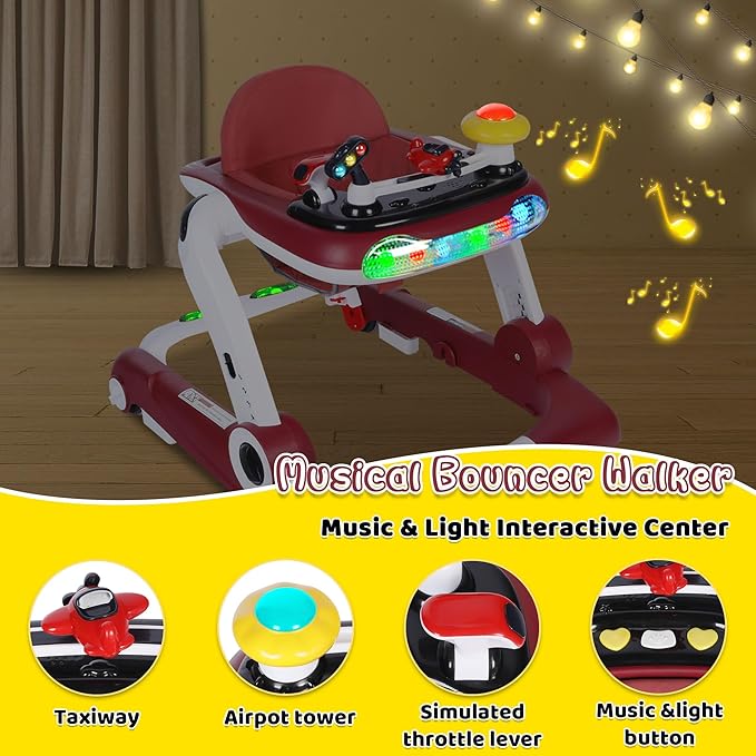 TODEFULL 6 in 1 Baby Walker, Baby Activity Walker for Toddler, Push Walker w/Adjustable Height Speed, Learning-Seated & Walk-Behind, Infant Walker w/Feeding Tray & Music Toys, Red