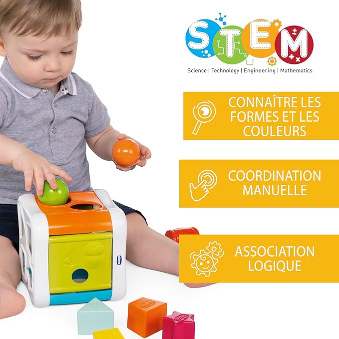 Chicco Cube with Stroke and Hammer 2 in 1, Game Shapes and Rods for Children with 4 Geometric Shapes, 2 Balls and Hammer, Multifunctional Dice - Educational Game 10 Months - 3 Years