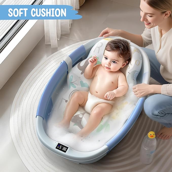 TOSGN Collapsible Baby Bathtub, 3s to Install, Baby Bath Tub with Soft Cushion & Thermometer, 0-36 Months Newborn Bathtub,Portable Travel Baby Tub, Blue