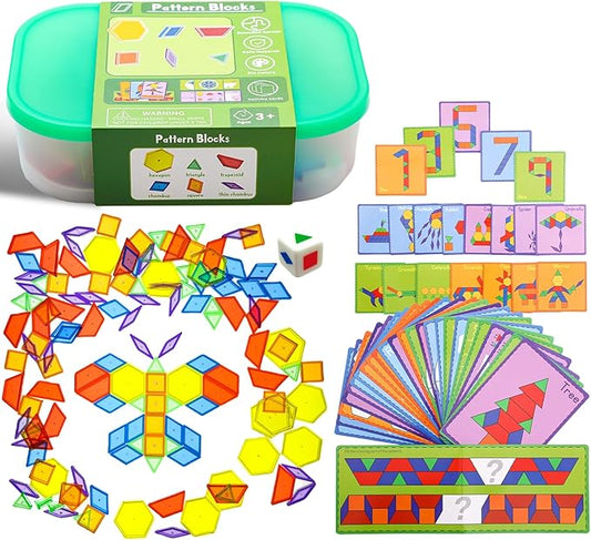 140 Pcs Translucent Pattern Blocks,Geometric Shapes,Translucent Toys,Light Table Accessories and Manipulatives,Includes 46 Activity Cards
