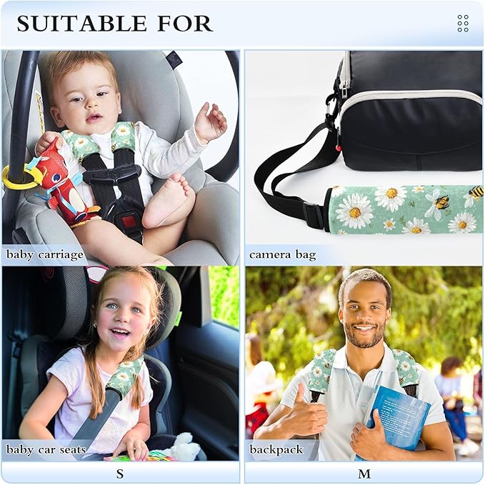 2 Pack Seatbelt Covers Seat Belt Cover Pad for Adults Boys Girls Car Seat Strap Covers Pads Cushion Universal Shoulder Strap Pad Protector for Backpack Camera Bag 10x7.7Inch Mint Green Daisy Flowers a
