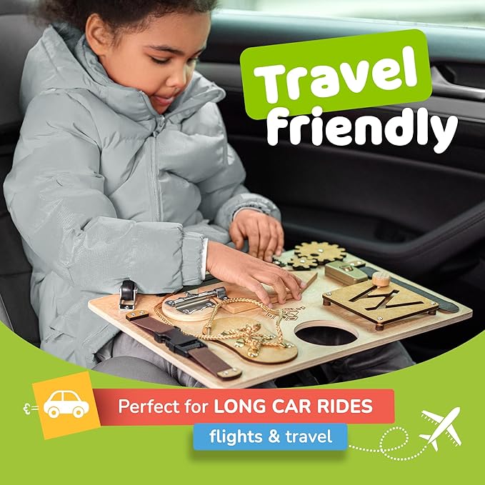 deMoca Sensory Busy Board for Toddlers, Premium Wooden Toddler Busy Board for 1 2 3 Year Old with 10 Educational Activities for Fine Motor Skills, Fidget Activity Toy for Travel