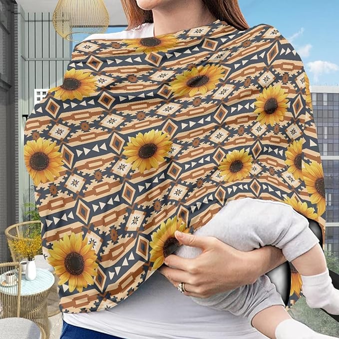 Binienty Tribal Geometric Infant Stroller Cover, Sunflower Nursing Breastfeeding Covers for Women Mom Stretchy Fabric All-Season Use Baby Stroller Canopies