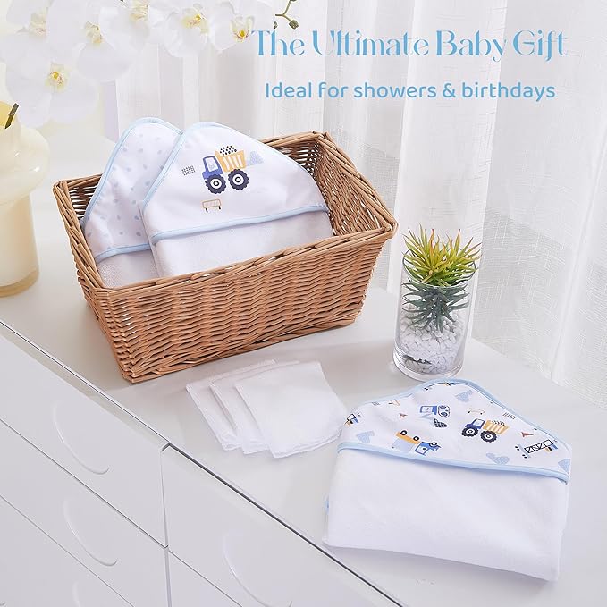 Mooreeke Baby Towel with Hood for Boys Blue Excavator Bath Towel for Babies Ultra Soft Absorbent 3 PCS Baby Towels and 3 PCS Washcloths for Newborn Essentials