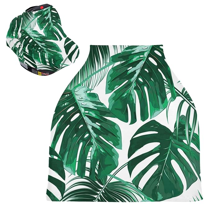 Palm Leaf Tropical Jungle Monstera Leaves Floral Pattern Print Stretchy Baby Car Seat Cover Infant Canopy Nursing Covers Breastfeeding Cover Breathable Windproof Winter Scarf for Boys Girls
