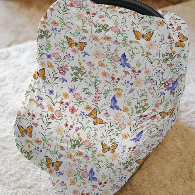 Vintage Wildflowers Butterflies Car Seat Cover for Babies Colorful Spring Blossoms Stretchy 5-in-1 Cover Adjustable Infant Carseat Canopy Cover Retro Wild Plant Breathable Nursing Cover-Up