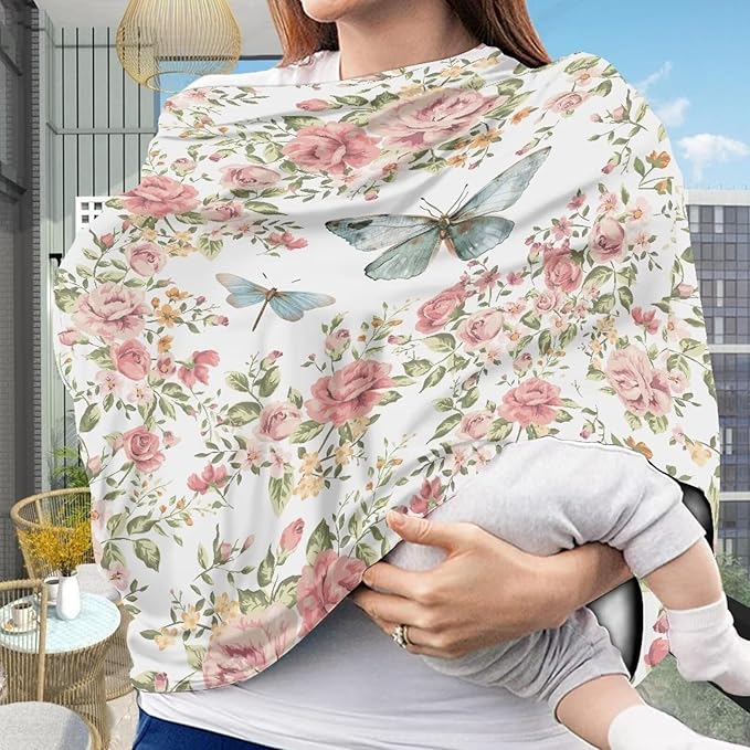 Biyejit Rose Butterfly Car Seat Covers, Baby Car Seat Canopy Carrier Cover Breathable Nursing Cover for Breastfeeding Stretchy Carseat Cover Boys Girls Multi-Use Infant Carseat Stroller Cover