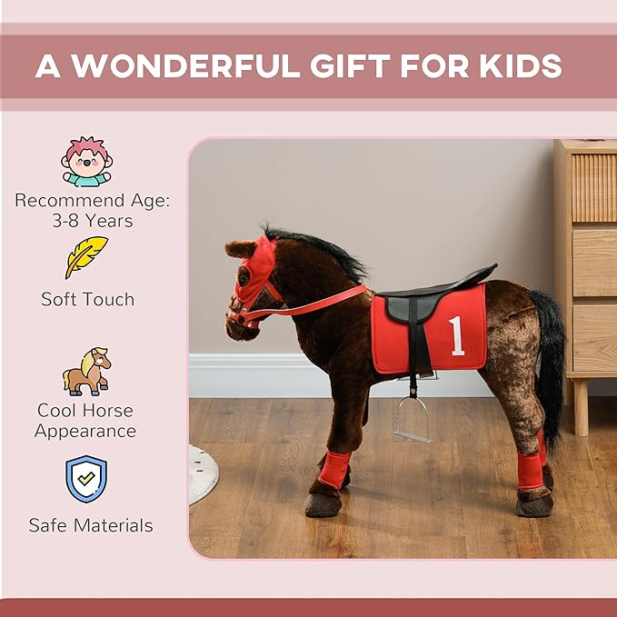 Qaba Ride on Horse for Kids 3-8 Years Old, Toddlers Riding Horse with Neighing Sound, Ride on Animal Pony Toy with Saddle & Stirrups, Brown