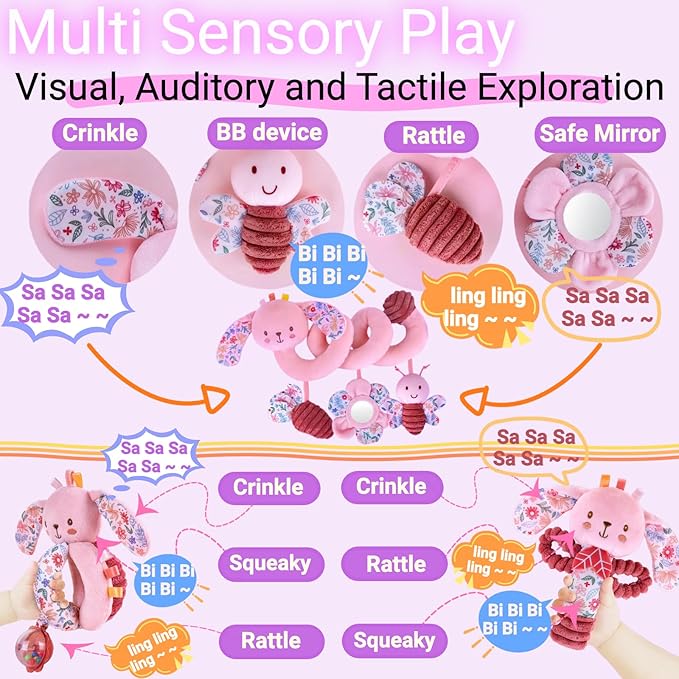 Baby Spiral Car Seat Toys for Babies 0-6 Months Girl, Stroller Hanging Stuffed Animal Carseat Crinkle Rabbit Toy 0-3-4-5-7-8-9-12 Month, Newborn Infant Gifts Easter Basket Stuffers Bunny 3PCS