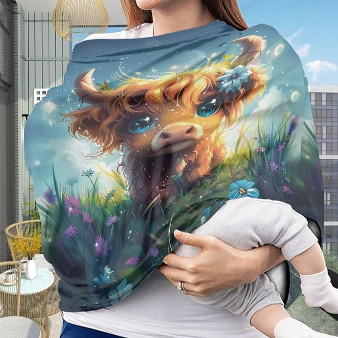 Wanyint Cute Highland Cow Baby Car Seat Covers High Chair Canopy Shopping Cart Cover, Baby Breastfeeding Cover for Mothers