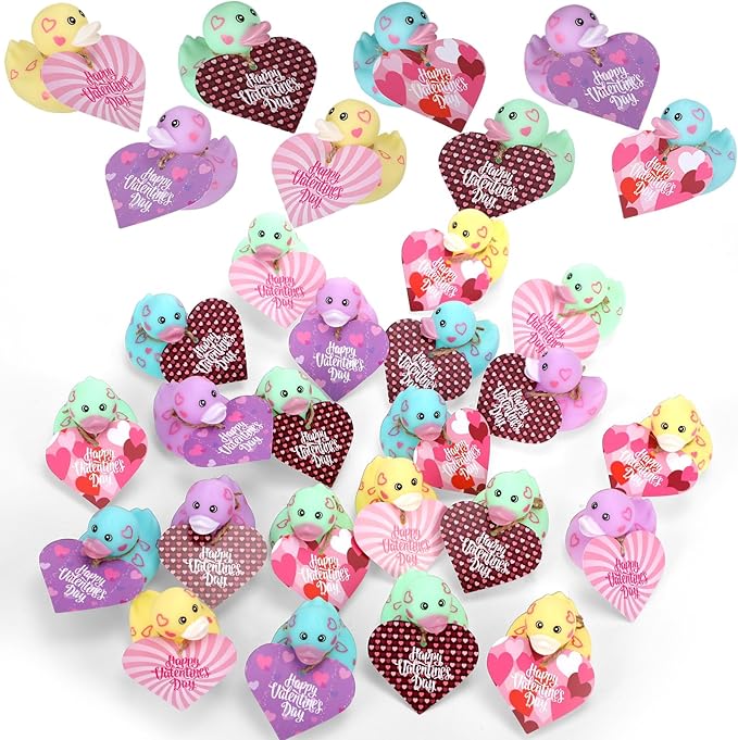 Jerify 48 Pcs 2 Inch Valentines Rubber Ducks Bulk with Gift Cards Mini Heart Rubber Duckies Bath Toys Valentine's Day Gift for Kids Classroom Favors Prizes Exchange (Macarons)