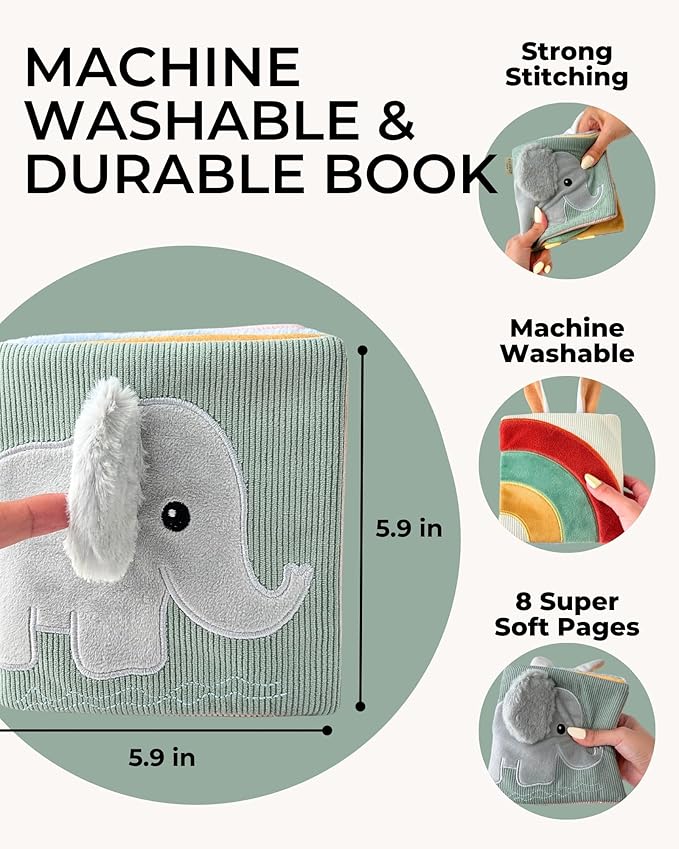 Cute Soft Baby Book with Mirror, Activities, Touch and Feel & Crinkle Pages - Interactive Sensory Cloth Toy for Babies 0-6, 6-12 & 12-18 Months - Adorable Animal Themes for Early Development