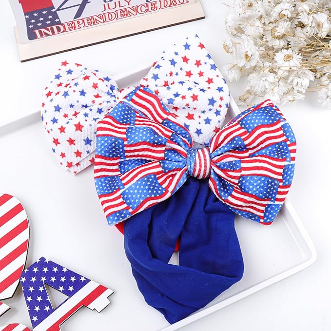 Hairband - 2Pcs 6 inches Baby Girl Bows Headbands with American Flag and Stars, One Size Fit All, Wonderful Gift for 4th of July, Baby Showers, Baby Gifts and Family Photography, Bright Color